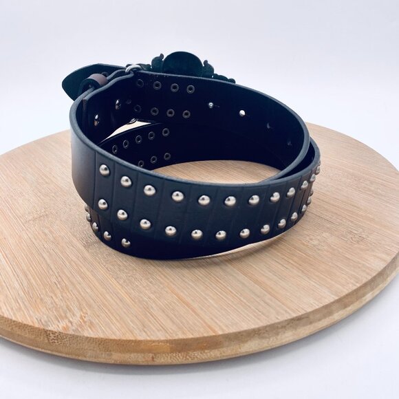 Jeans Friends Belt Womens S Black Full Grain Leather Silver Skull Buckle Pirate - Picture 5 of 10